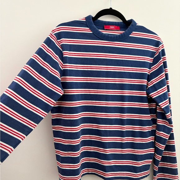 Zara Navy and White Striped Top with Red Highlights - Picture 3 of 4